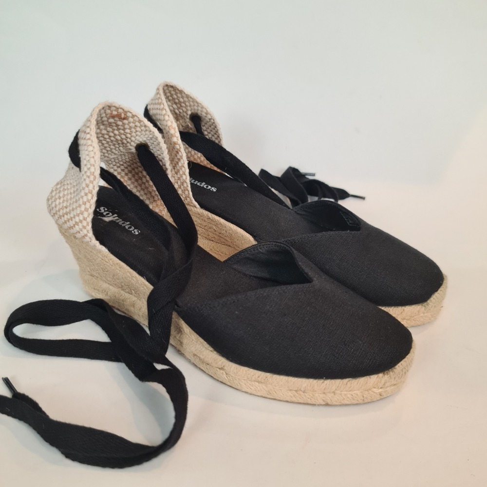 Soludos Black Canvas Marseille Wedge Lace Up Espadrille Sandals Womens Size 8